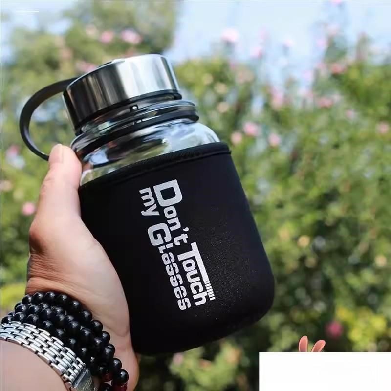 单层加厚大容量钢化玻璃杯1000ML高硼硅可携式P大口径水杯防烫带