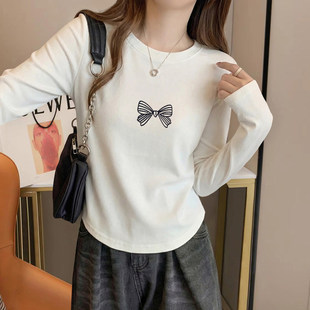 纯棉不规则弧形内搭短款打底衫女早春新款洋气显瘦长袖T恤上衣服