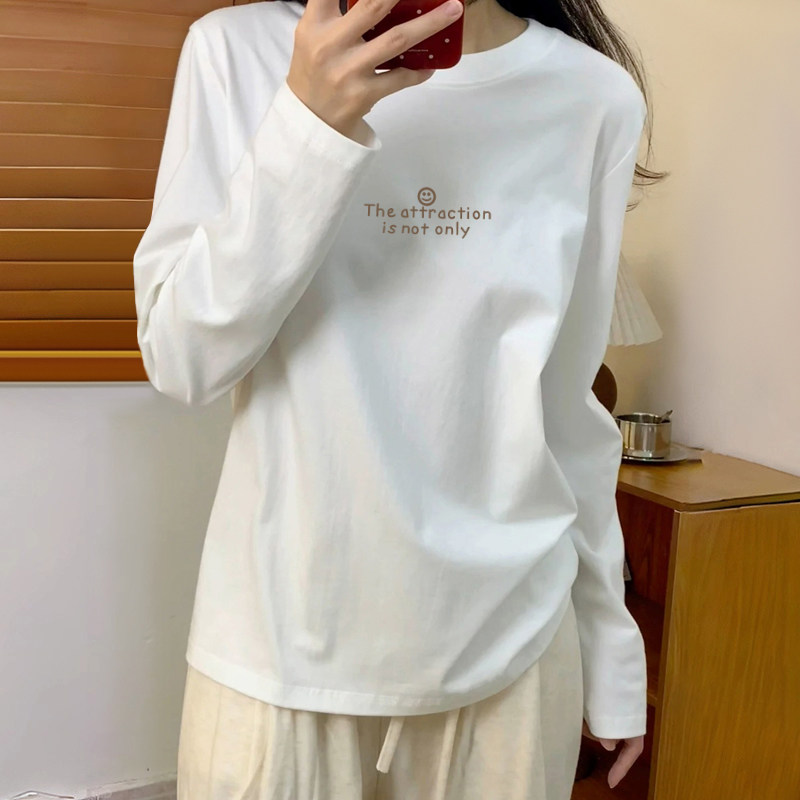 正肩圆领长袖t恤女装ins时尚宽松显瘦百搭白色上衣打底衫秋季