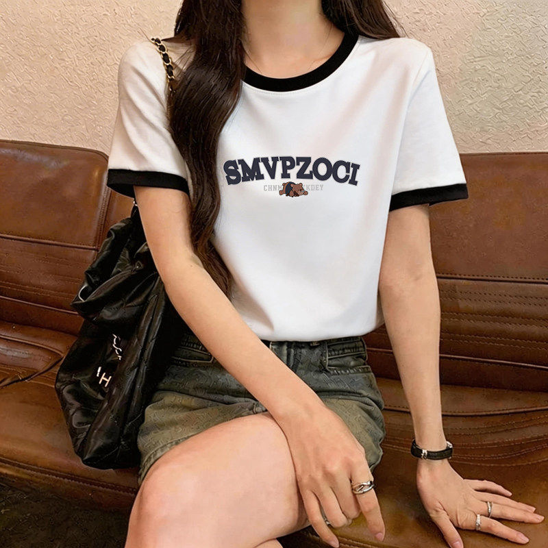 纯棉拼色短袖t恤女2026新款爆款夏季设计感小众上衣宽松大码体恤