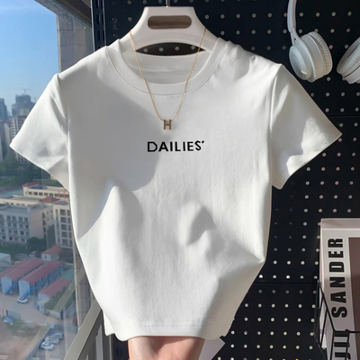 正肩短袖T恤女短款小众显瘦上衣