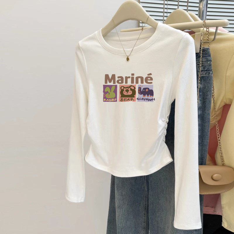 2026秋冬季新款褶皱长袖打底衫女弧形下摆不规则T恤内搭纯棉上衣