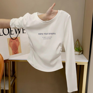 设计感褶皱正肩打底衫纯棉长袖T恤女秋季简约白色内搭短款上衣ins