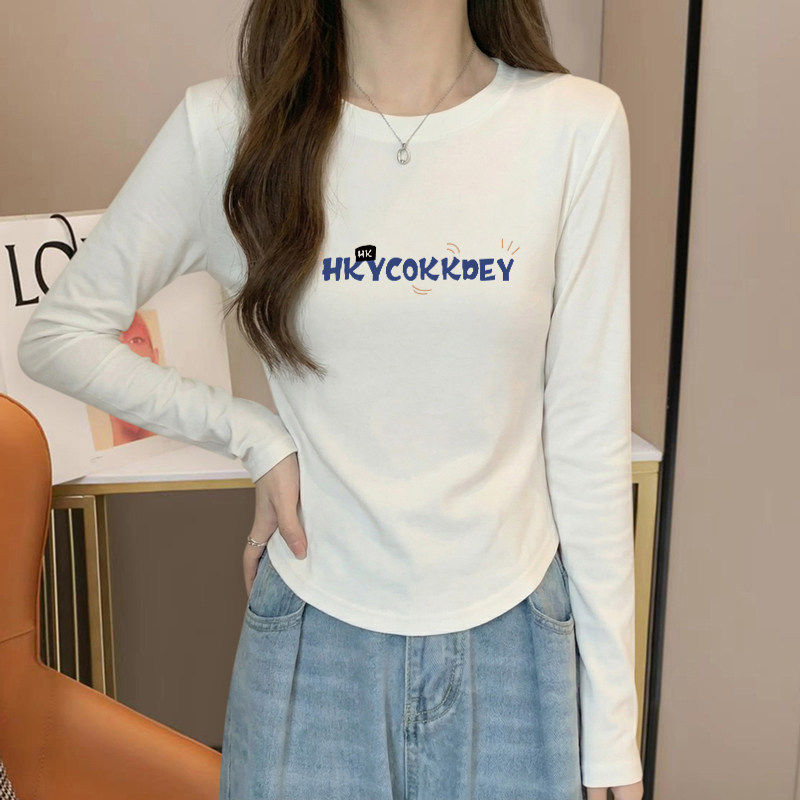 2026春秋新款圆领长袖打底衫女弧形下摆不规则T恤内搭短款上衣