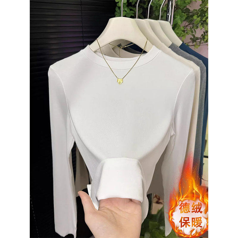 正肩德绒长袖t恤女秋冬季新款设计感小众内搭打底衫时尚短款上衣