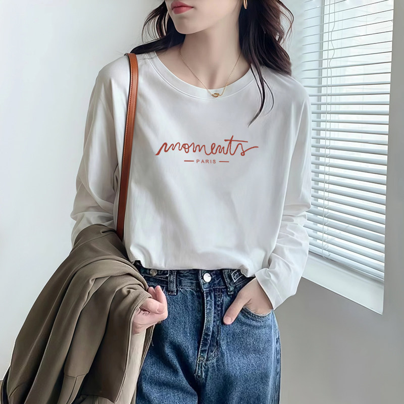 白色正肩长袖t恤女早秋新款圆领宽松洋气百搭薄款内搭上衣