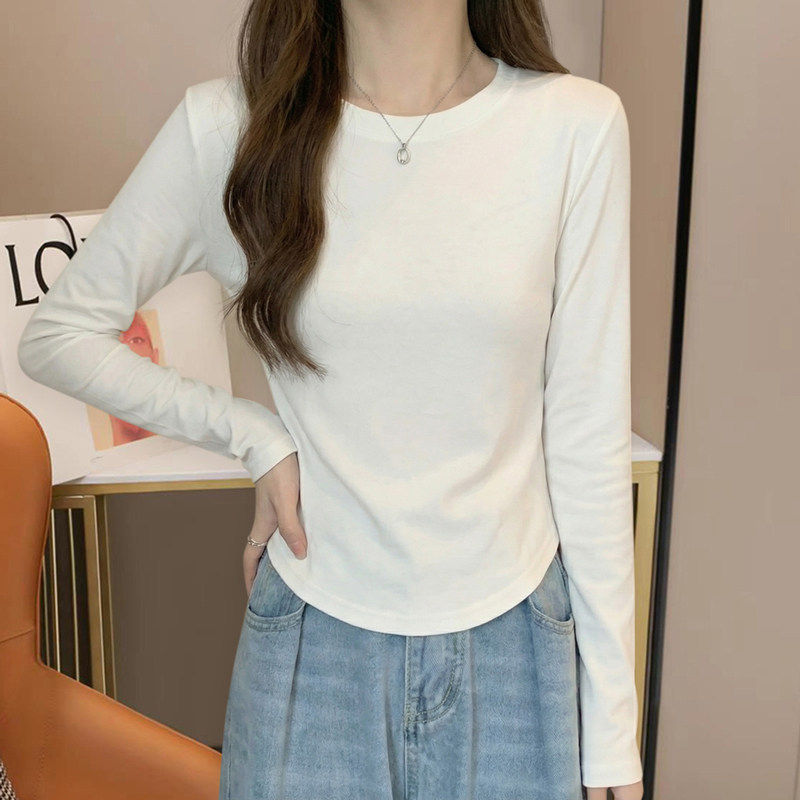 纯色圆领纯棉长袖t恤女2026早春款修身短款辣妹不规则内搭打底衫