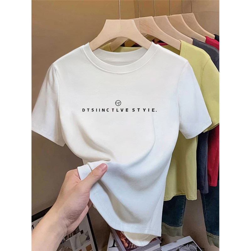 美式正肩白色短袖t恤女夏季2025新款圆领显瘦短款体恤上衣ins