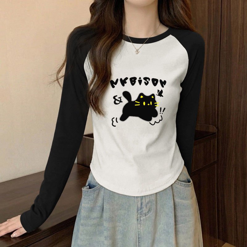 正肩短款撞色长袖t恤女早春季新款不规则显瘦内搭时尚洋气打底衫,女装/女士精品,T恤,淘宝优惠券,粉丝福利购,淘宝优惠卷