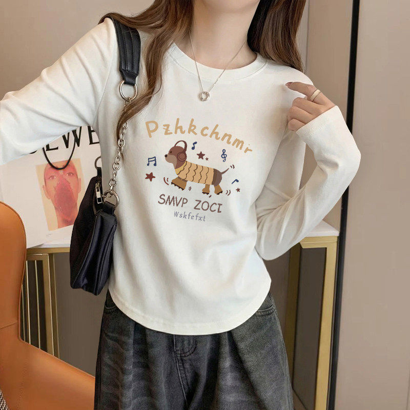 白色修身短款纯棉圆领长袖T恤女春秋季新款不规则减龄洋气上衣