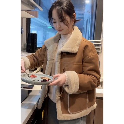 欧货2025冬季新韩版宽松短款小个子皮毛一体羊羔毛加厚外套女上衣