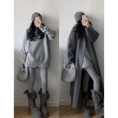 韩系高级感灰色套头浣熊绒毛衣女秋冬软糯慵懒风中长款针织衫上衣