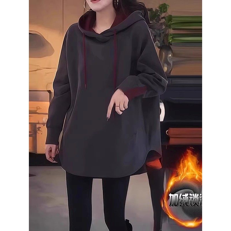 大码加绒加厚灰色连帽卫衣长袖女2025秋冬胖mm时髦洋气慵懒风上衣