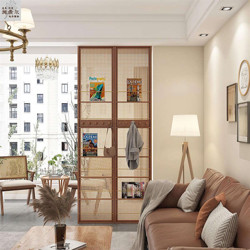 新中式实木藤编屏风客厅入户家用简约现代书架隔断办公室日式玄关