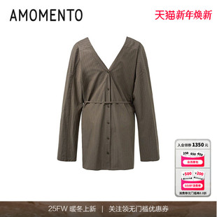 韩版 连衣裙女 25SS 式 衬衫 长袖 Dress Shirts Stripe AMOMENTO