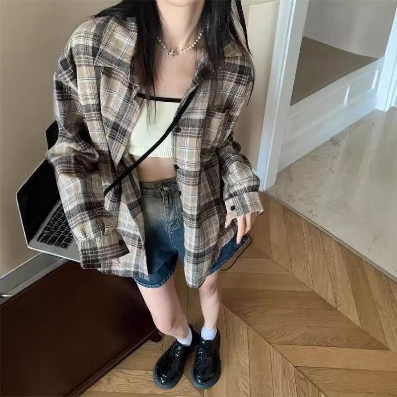 2025新款新款粉色格子防晒衬衫外套女夏季宽松美式上衣设计感复古
