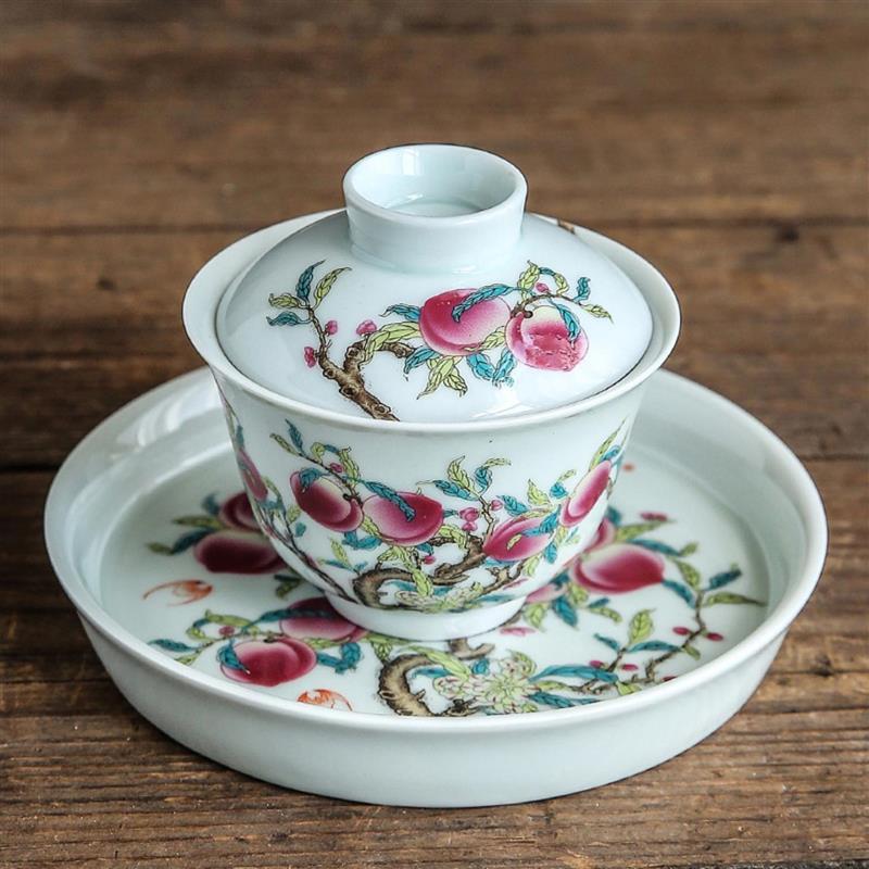 仿古盖碗景德青花釉里红三才碗陶瓷功夫茶具泡茶碗清明上河图壶承