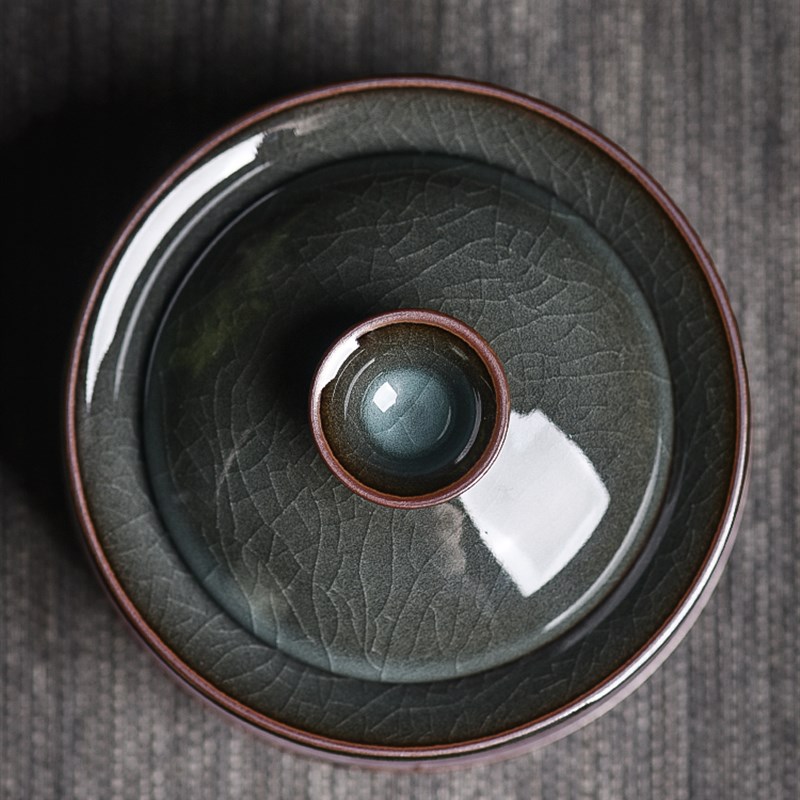 青瓷三才盖碗茶杯大号龙泉铁胎冰裂手工陶瓷泡茶功夫茶具单个家用