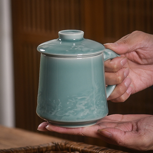 青瓷茶杯陶瓷带盖茶水分离过滤杯办公个人泡茶高档天青色水杯送礼