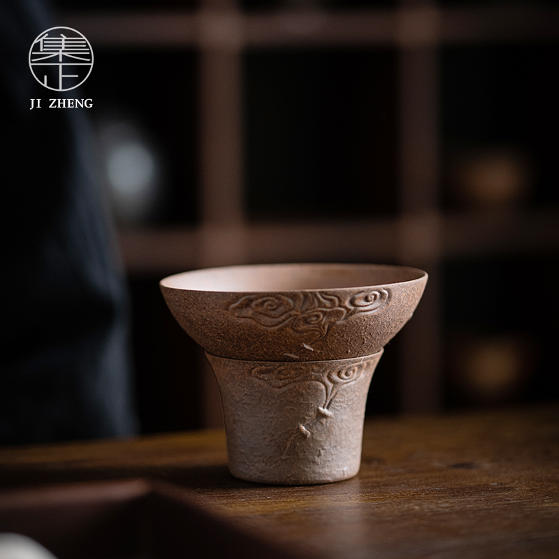 集正 粗陶茶漏组 全瓷一体茶滤家用复古祥云禅意茶道配件茶渣过滤