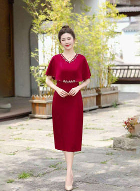 喜婆婆婚宴敬酒服V领短袖连衣裙