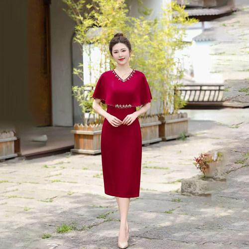 喜婆婆婚宴敬酒服V领短袖连衣裙