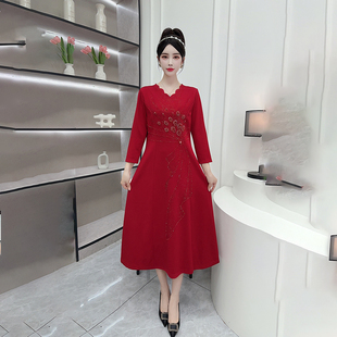 春秋新款 喜婆婆婚宴敬酒服钉珠镶钻高档V领连衣裙红色婚庆礼服裙