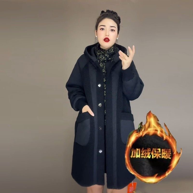 冬季新款中老年加绒加厚保暖连帽棉服妈妈装休闲宽松中长款大衣女