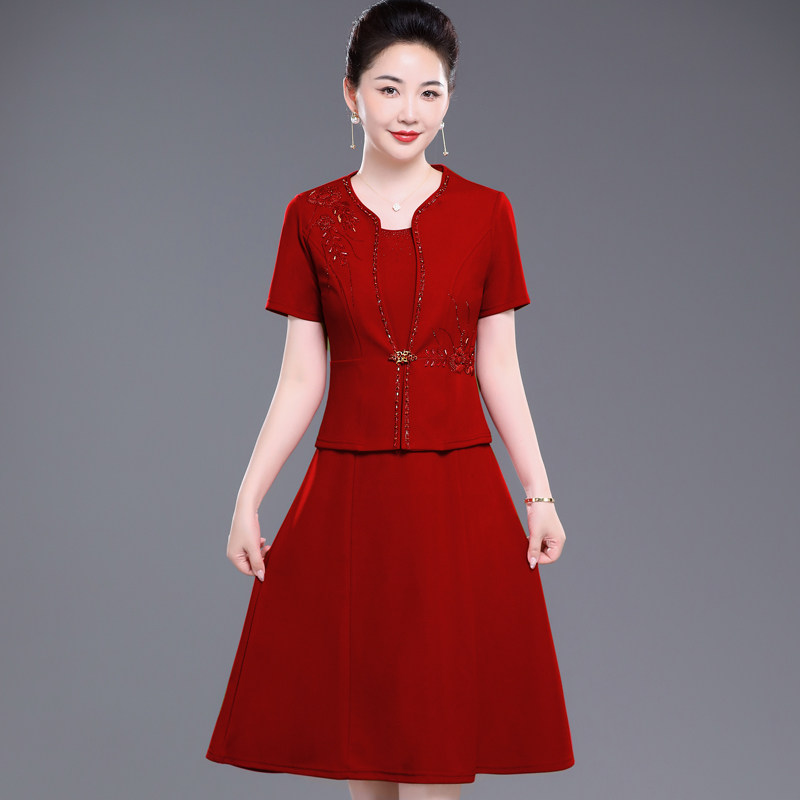 五一婚礼短袖连衣裙套装礼服喜婆婆婚宴敬酒服结婚红色A字裙晚装