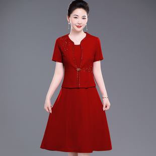 五一婚礼短袖连衣裙套装礼服喜婆婆婚宴敬酒服结婚红色A字裙晚装