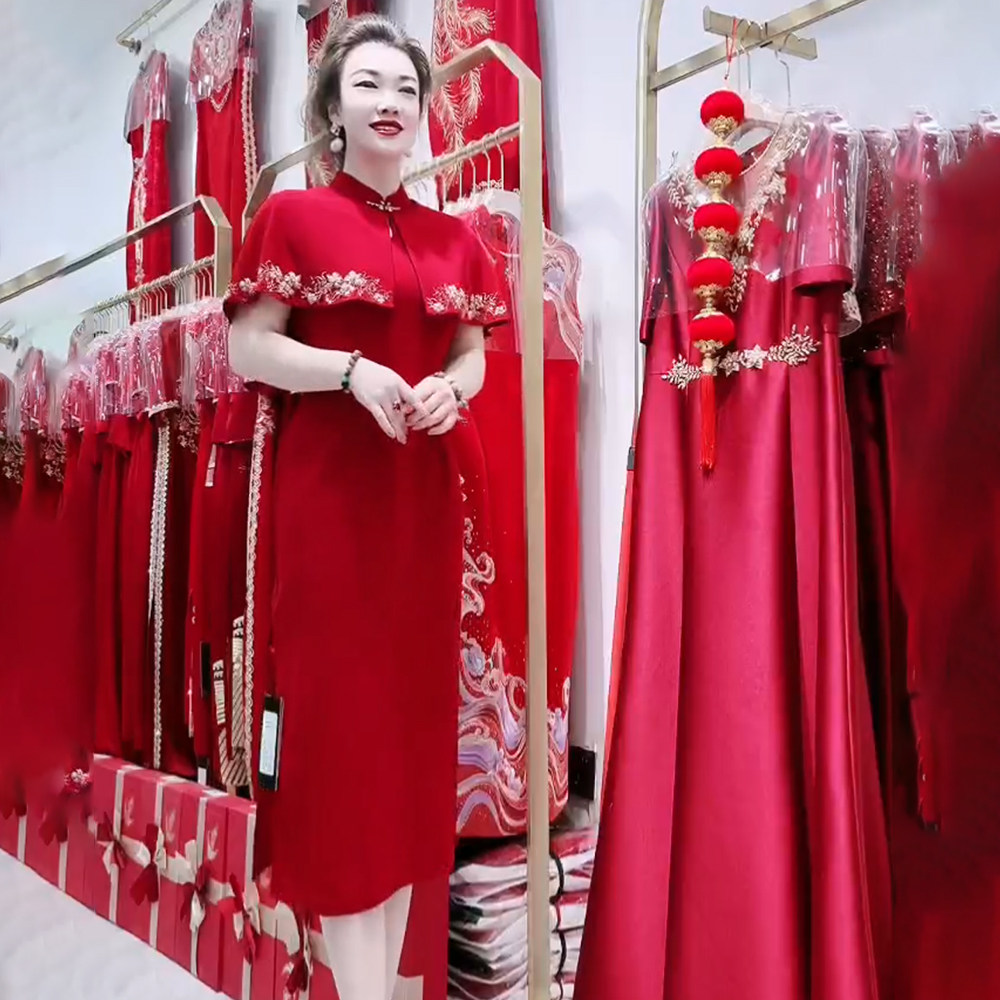 喜婆婆婚宴敬酒服短袖旗袍连衣裙图片