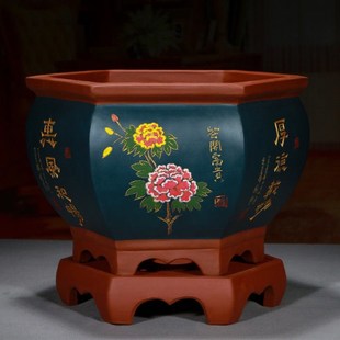 宜兴紫砂盆精品高端花盆六方大口径盆景盆陶瓷手工高档盆栽盆带托