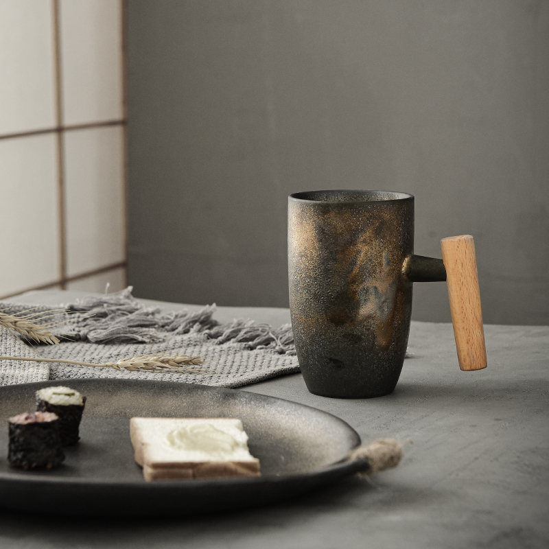 复古粗陶木柄马克杯大容量个人茶杯无盖陶瓷办公室水杯创意田园风