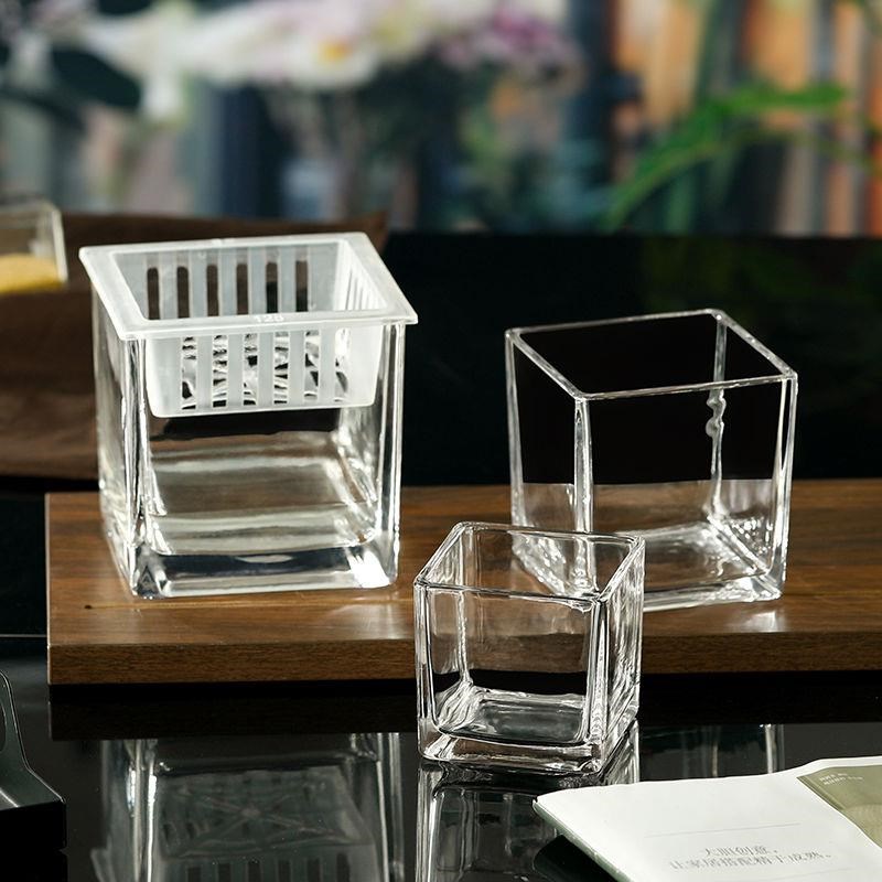 方缸简约正方形水培绿植铜钱草花盆白掌I绿萝水养玻璃透明花瓶摆