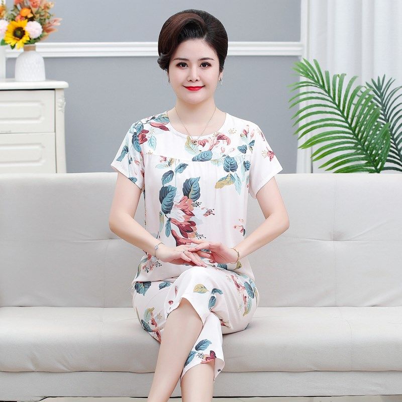 夏天棉绸套装中老年妈妈睡衣女短袖七分裤外穿老人绵绸家居服人棉