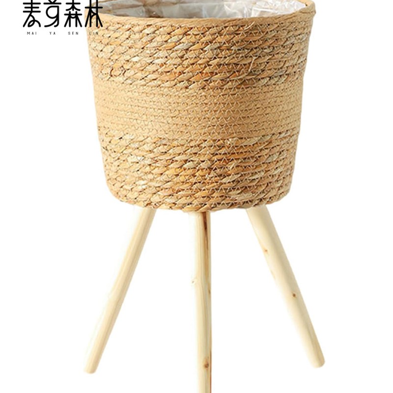 北欧草编实木花篮落地式客厅阳台装饰绿萝花盆藤编花篮置物高花架