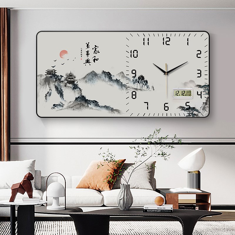 水墨画中式装饰画挂钟客厅餐厅静音万年历时钟山水国画挂画挂墙