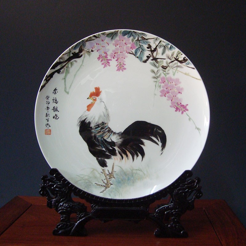 景德镇陶瓷器名家秋生手绘生肖鸡艺术品瓷盘装饰画盘挂盘瓷盘摆件