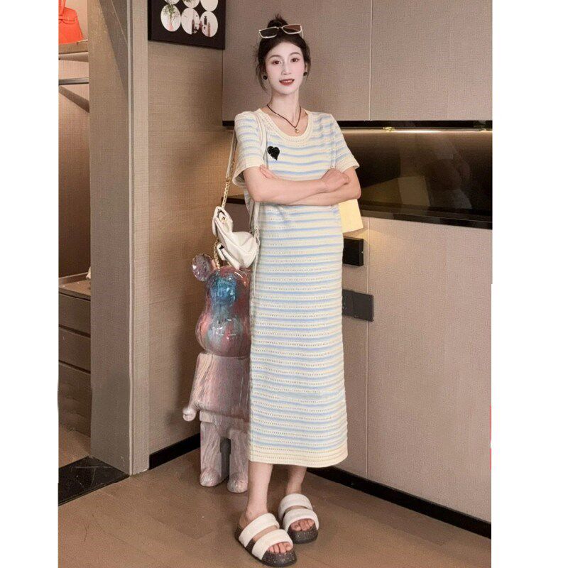 孕妇夏装连衣裙2025新款韩版时尚条纹镂空中长款短袖冰丝T恤裙子