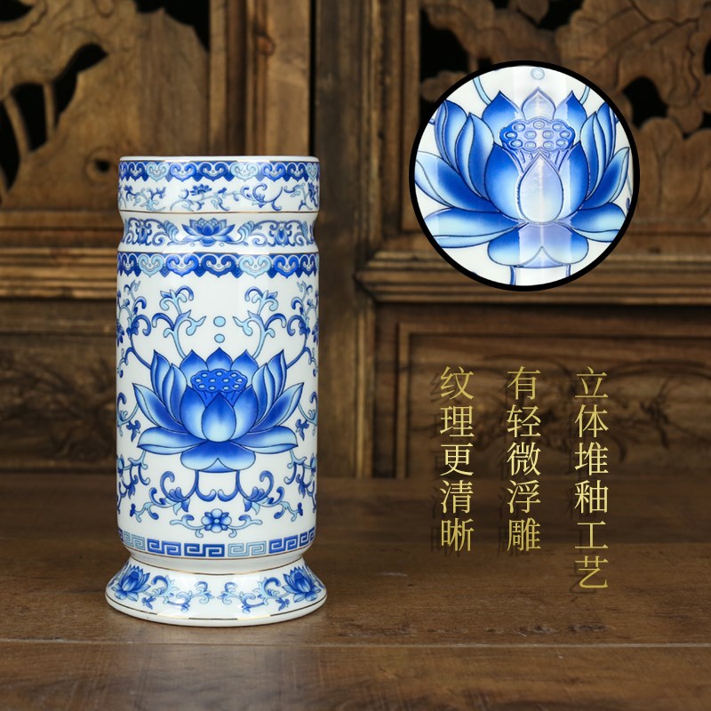 青花瓷香筒家用供佛香桶插花瓶陶瓷竹签香香筒佛堂供瓶装香的香桶