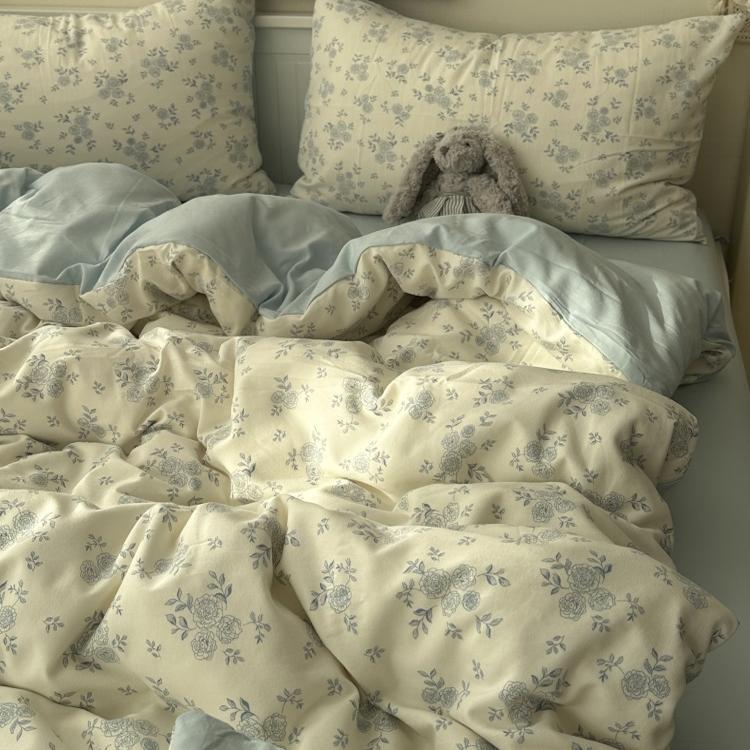 ins少女小清新蓝色小碎花针织水洗棉四件套床上用品床单三件套1.8