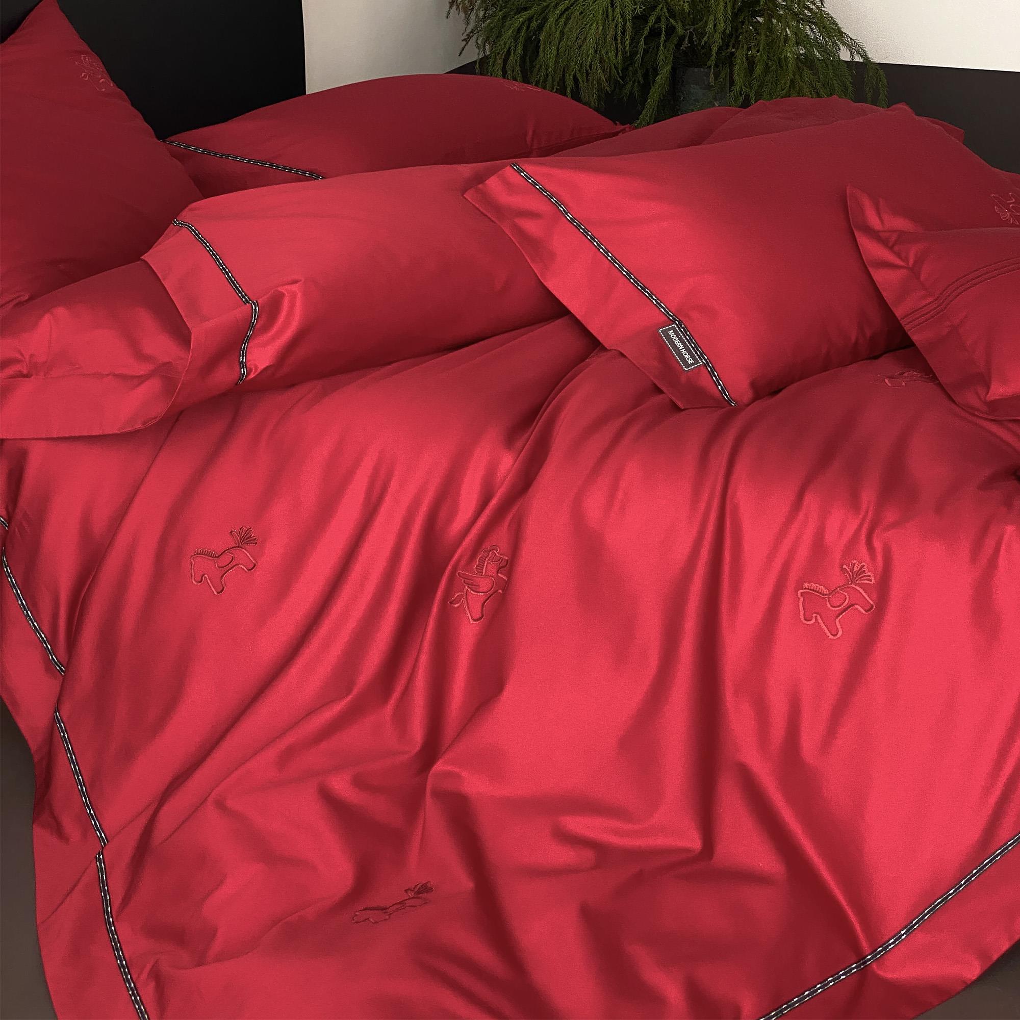 轻奢简约1/4吋套筒扳手马刺绣长绒棉四件套全棉浪漫红色结婚庆被