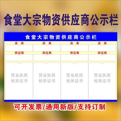 食堂大宗商品物资供应商资质公示栏学校厨房卫生食品安全信息展示