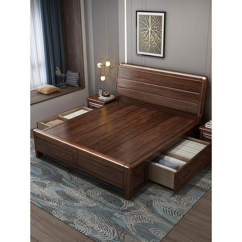 明亮家具金色檀香全实木1.8米床轻豪华新中国胡桃现代简约与抽屉