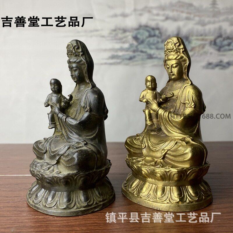 观影佛像摆件抱子观音彷古合金莲花底座坐款观音佛像家居装饰摆件