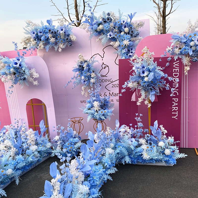 新款蓝色系全套仿真花排婚礼舞台地排花路引花器迎宾区装饰花艺