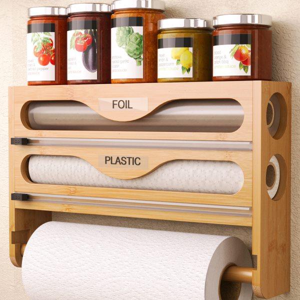 多合一壁挂式保鲜膜切割器竹制厨房分层锡箔纸韩式简约多格收纳盒,厨房/烹饪用具,保鲜膜切割器,淘宝优惠券,粉丝福利购,淘宝优惠卷