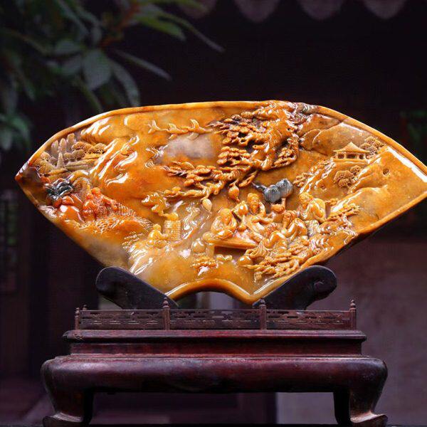 福建寿山石欢聚一堂摆件扇形浮雕手作家居客厅装饰摆设原石工艺品