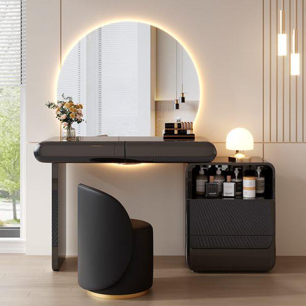 黑色梳妆台卧室现代简约高级感斗柜一体伸缩侘寂风实木烤漆化妆桌