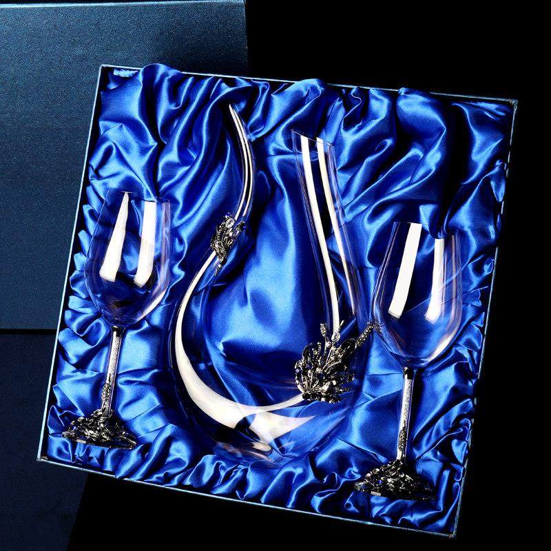 珐瑯彩水晶红酒杯套装家用葡萄酒高脚杯醒酒器大号礼盒装定制刻字